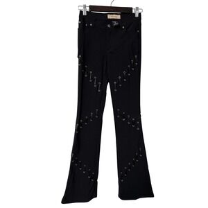 Seduction Black Lace Up Grommet Flare Pants Mid Rise Y2K Goth OP183 Jrs 3